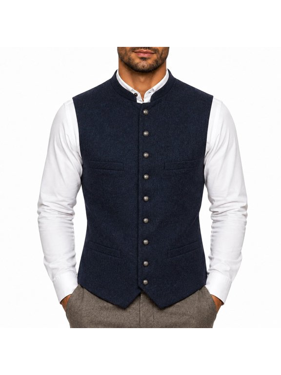 Men's Vest with Stand-Up Collar, Button Placket and Pockets, Traditional Vest Men for Wiesn Folk Festival Wedding (Navy,S)