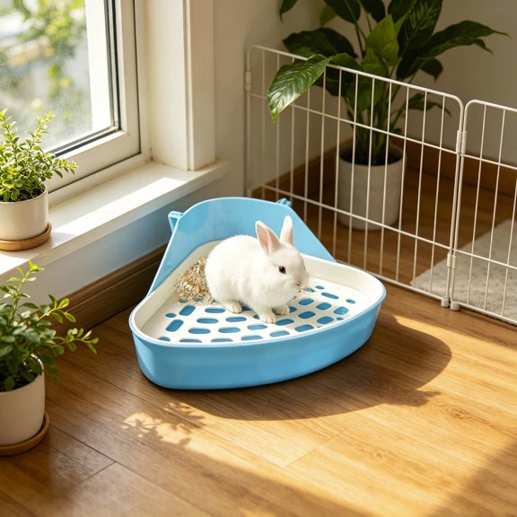 zhonghuaying Triangular Corner Small Animal Waste Pan, Split Layer Grid Design Pet Waste Tray, Side Hook Fixed Potty Station for Rabbit Hamster Tiny Small Companion Animals Blue