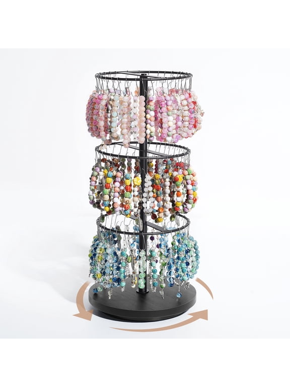 3 Tier Bracelet Holder, Rotating Bangle Display Stand with 100 Hooks, 360 Degrees Rotatable,Jewelry Organizer for Vendors Sell Bracelet Keychain Earring (Black)