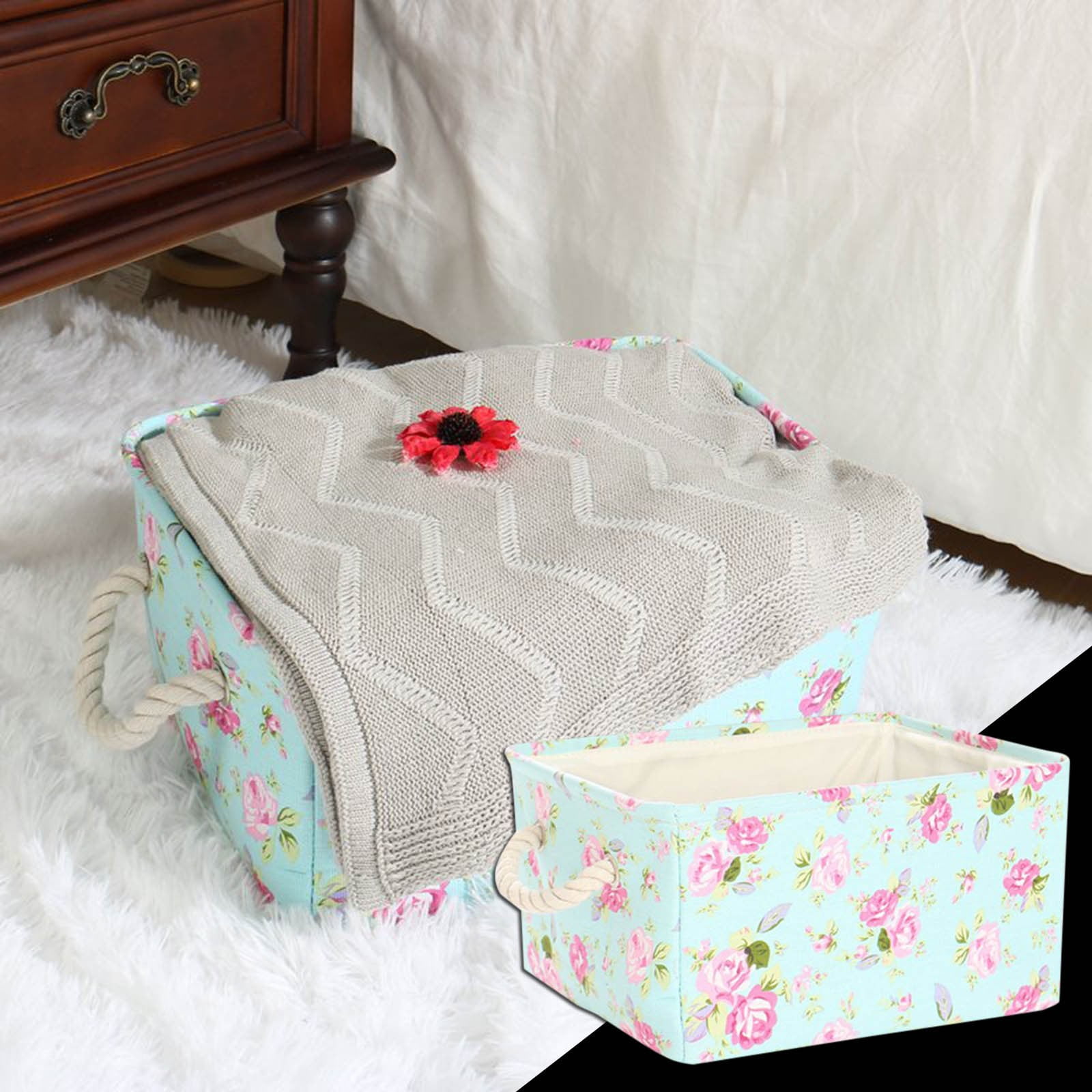 zhuxioush Foldable Storage Basket With Handle Fabric Box Closet Light Blue Bedding Storage