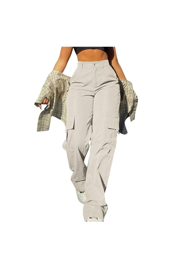 Beige Womens Cargo Pants Womens Daily Elastic Waist Pockets Straight Solid Color Casual Pants Loose Pockets Cargo Long Trousers Work Pants for Women Size XL