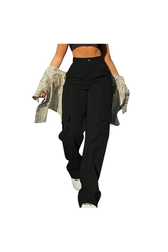 Black Womens Cargo Pants Womens Daily Elastic Waist Pockets Straight Solid Color Casual Pants Loose Pockets Cargo Long Trousers Work Pants for Women Size S