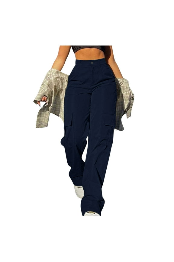 Blue Womens Cargo Pants Womens Daily Elastic Waist Pockets Straight Solid Color Casual Pants Loose Pockets Cargo Long Trousers Work Pants for Women Size M