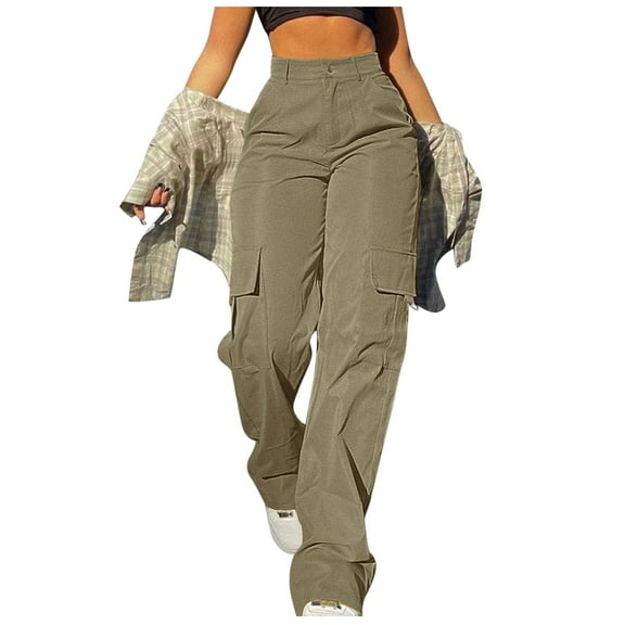 zicth Brown Womens Cargo Pants Womens Daily Elastic Waist Pockets Straight Solid Color Casual Pants Loose Pockets Cargo Long Trousers Work Pants for Women Size S