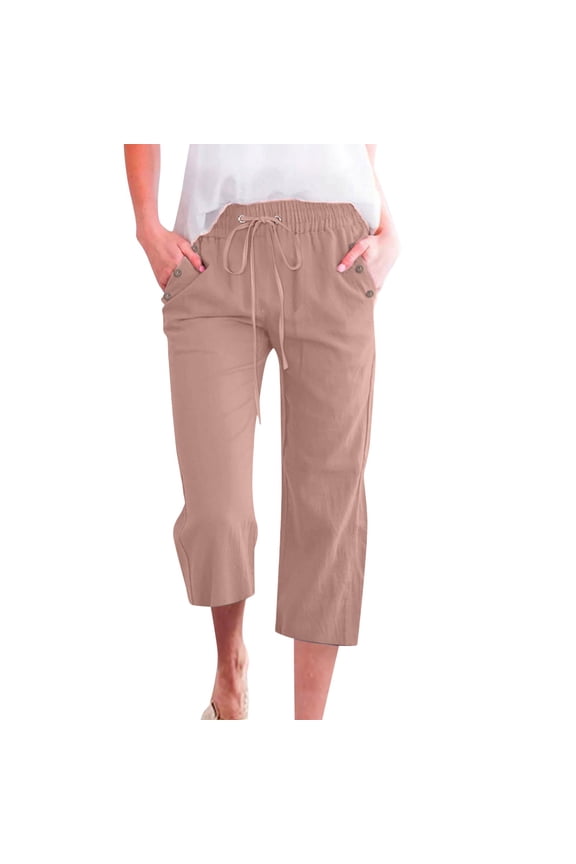 Gold Capri Pants for Women Fashion Solid Color Cotton Flax Elastic Long Pants Beach Leisure Trousers Linen Trousers Leggings