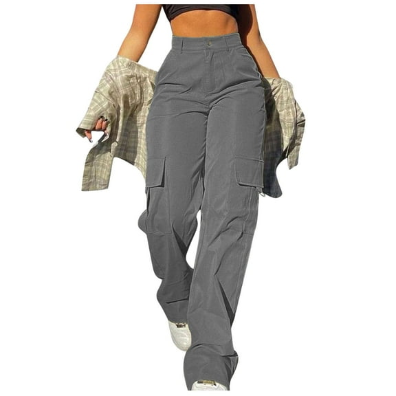 zicth Gray Womens Cargo Pants Womens Daily Elastic Waist Pockets Straight Solid Color Casual Pants Loose Pockets Cargo Long Trousers Work Pants for Women Size S