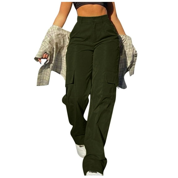 zicth Green Womens Cargo Pants Womens Daily Elastic Waist Pockets Straight Solid Color Casual Pants Loose Pockets Cargo Long Trousers Work Pants for Women Size S