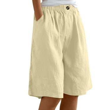 zicth Multi-color Shorts for Womens Fahion Women's Summer Cotton Linen Shorts Loose Fit Elastic Waist Knee Length Cosy Shorts Casual Beach Shorts with Pockets Casual Streetwear Size S