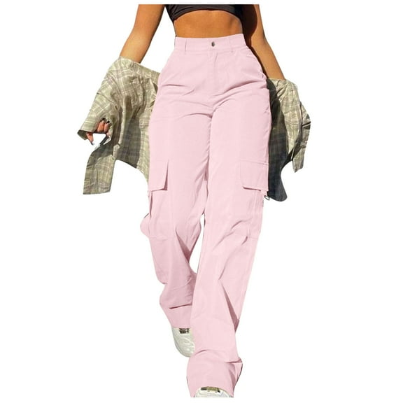 zicth Pink Womens Cargo Pants Womens Daily Elastic Waist Pockets Straight Solid Color Casual Pants Loose Pockets Cargo Long Trousers Work Pants for Women Size M