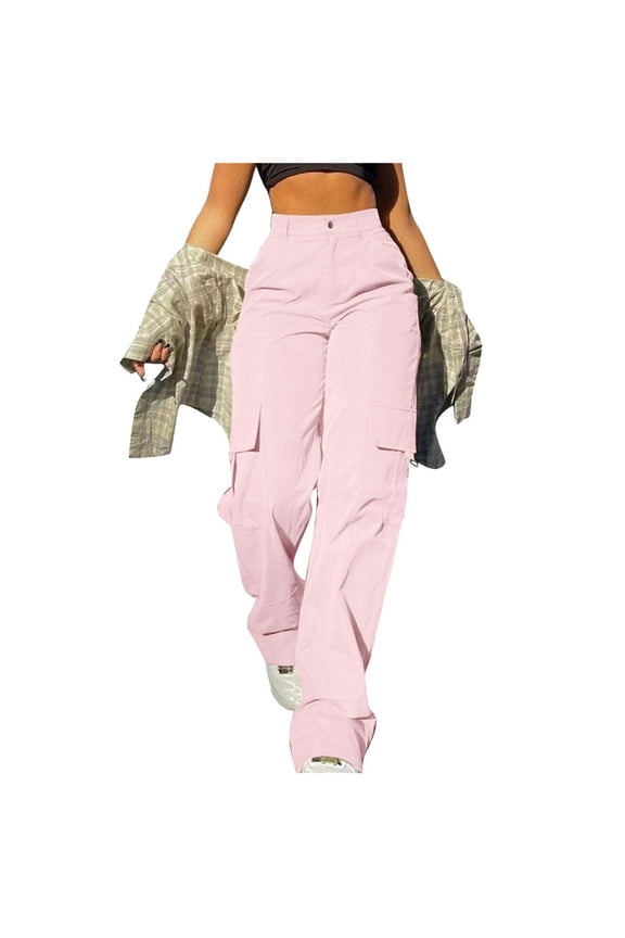 Pink Womens Cargo Pants Womens Daily Elastic Waist Pockets Straight Solid Color Casual Pants Loose Pockets Cargo Long Trousers Work Pants for Women Size XL