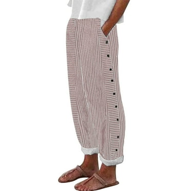 zicth Red Linen Pants Women's Cotton and Linen Striped Elastic High Waistband Pocket Pants Side Buttons Pants Loose Casual Straight Leg Pants Casual Streetwear Size S