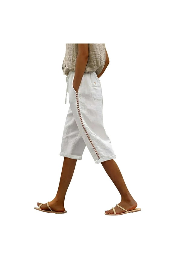 White Womens Sweatpants Capris Pants Women Fashion Solid Color Cotton Flax Elastic Long Pants Beach Leisure Trousers Shorts Streetwear Trousers Size XS
