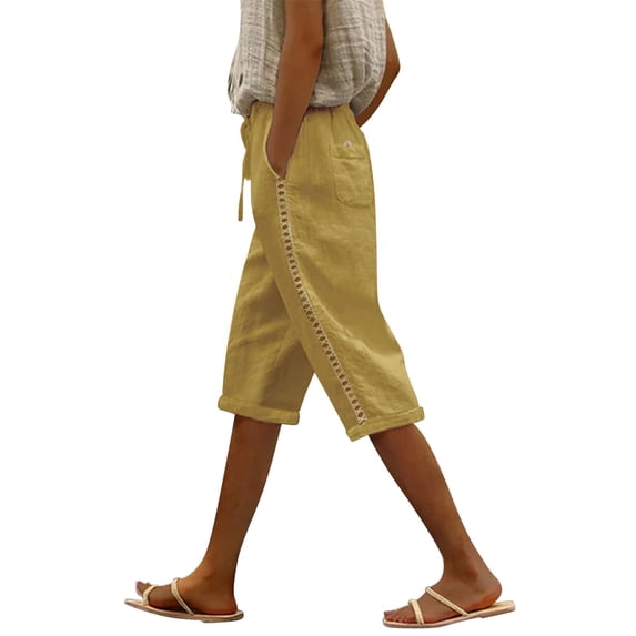 zicth Yellow Womens Sweatpants Capris Pants Women Fashion Solid Color Cotton Flax Elastic Long Pants Beach Leisure Trousers Shorts Streetwear Trousers Size S