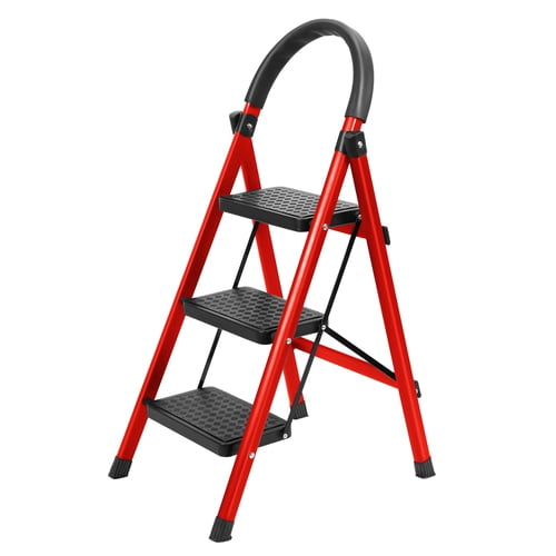 ziertyon 3 Step Ladder, Folding Step Stool with Anti-Slip Pedal, Lightweight Portable Ladder for Home, Workplace, 300lbs Capacity,Red
