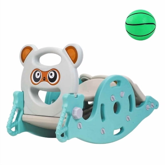 ziertyon 4 in 1 Toddler Slide Rocking Toy, Portable Kids Rocking Horse Slide Toy with Basketball Hoop and Ring Game, Foldable Toddler Playground Slide Climber for Boys and Girls (Green)