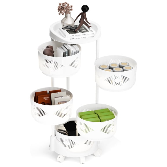 ziertyon 5 Tier Kitchen Storage Cart, Fruit Vegetable Shelf with 360 Degree Wheels,Rotating Circular Basket for KItchen,Home