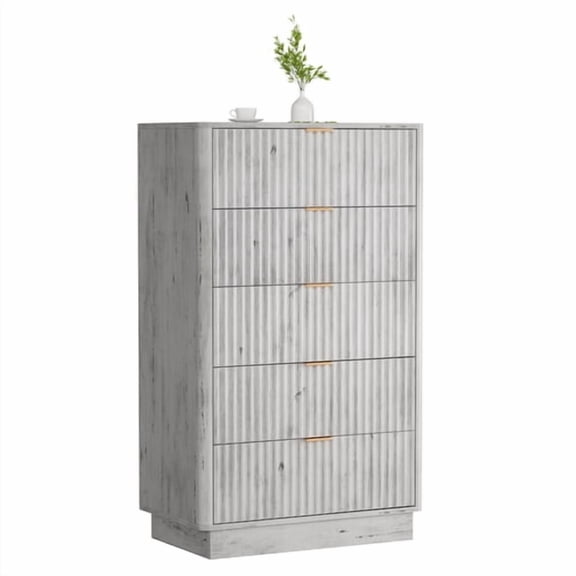 ziertyon Fluted Tall 5 Drawer Dresser, 45" Mid Century Wood Chest for Bedroom, Modern Closet Clothes Storage Organizer, Frosted Oak Cabinet