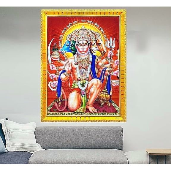 zig zag Lord Panchmukhi Hanuman Ji Big Photo Frame For Wall / Table / Pooja Room Size Large Picture Frame (16 x 24 inches, Acrylic Glass) Golden