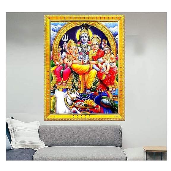 zig zag Lord Shiv Parvati Bhagwan Ganesh Kartikeya Big Photo Frame For Wall / Table / Pooja Room Size Large Picture Frame (16 x 24 inches, Acrylic Glass) Golden