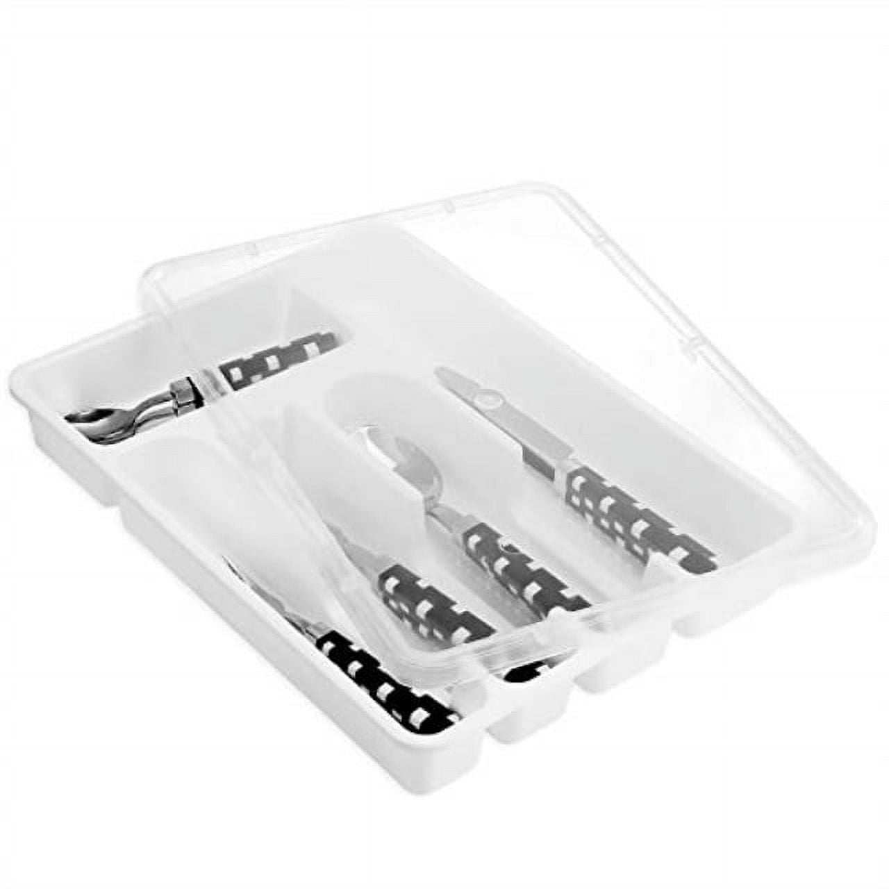 Zilpoo Flatware Tray with Lid Plastic Camper Picnic Cutlery and Utensil Drawer Organizer Kitchen Silverware Storage Container with Cover White
