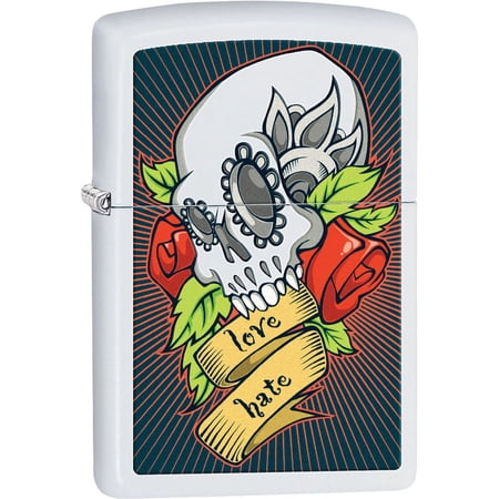 zippo skull and rose pocket lighter, white matte
