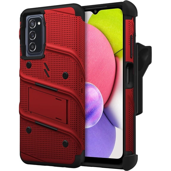 zizo bolt bundle for galaxy a03s case with screen protector kickstand holster lanyard - red
