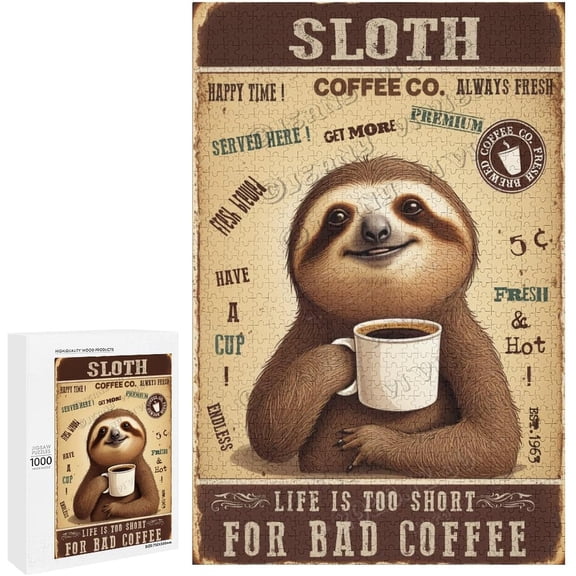 zomyto Sloth With Coffee Animal Theme 1000 Piece Jigsaw Puzzle for Adults 20 x 30 Inch Bedroom Cafe Decor