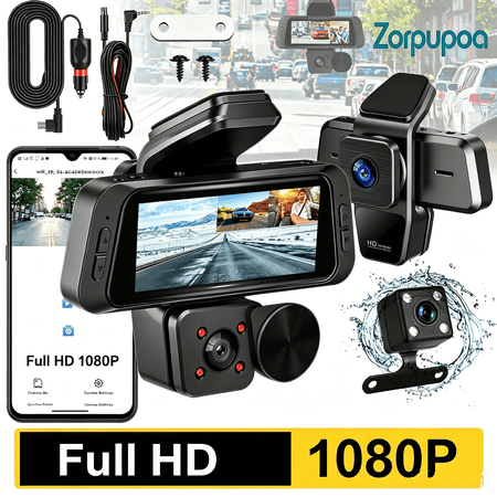 zorpupoa 1080P FHD 170° Wide Angle 3CH WiFi Car Dash Cam, IR Night Vision G-Sensor Motion Detection, Loop Rec App Control 128G Max for Commute Road Trip