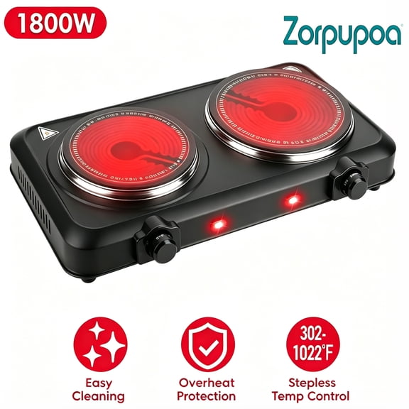 zorpupoa 1800W Electric Infrared Dual Burner Portable Heating Hot Plate Stove with Glass Cooktop Stepless Temperature Adjustment for Home RV Travel Outdoor Camping(black)