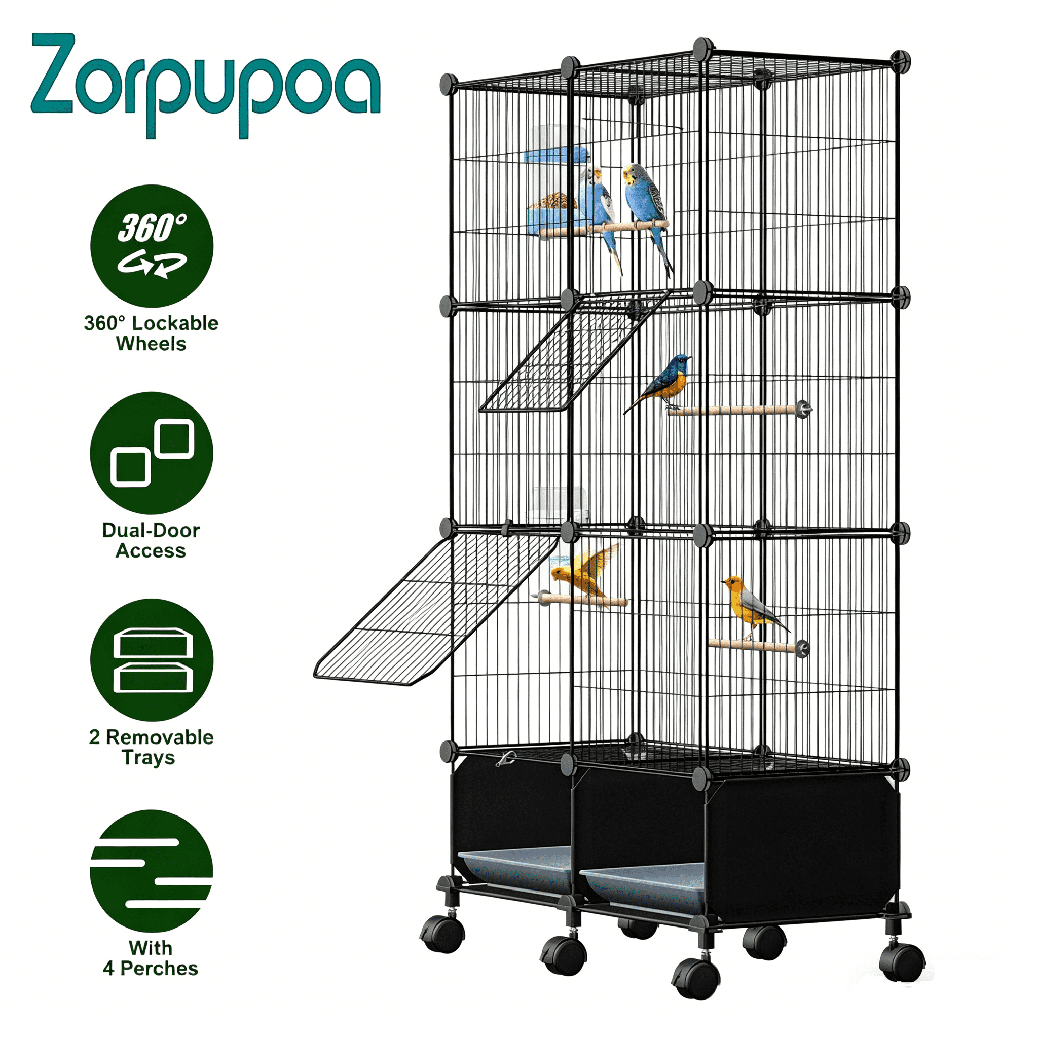Zorpupoa 46in Spacious Indoor Bird Cage Pet Bird House with Lockable Wheels 2 Slide-Out Trays 4 Wooden Perches Feeder Set for Home Bird Care