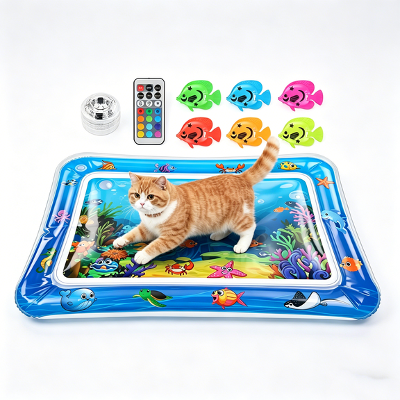 zorpupoa Interactive Cat Water Mat Floating Fish Toys LED Light Thickened PVC for Indoor Cats Kittens (Blue)