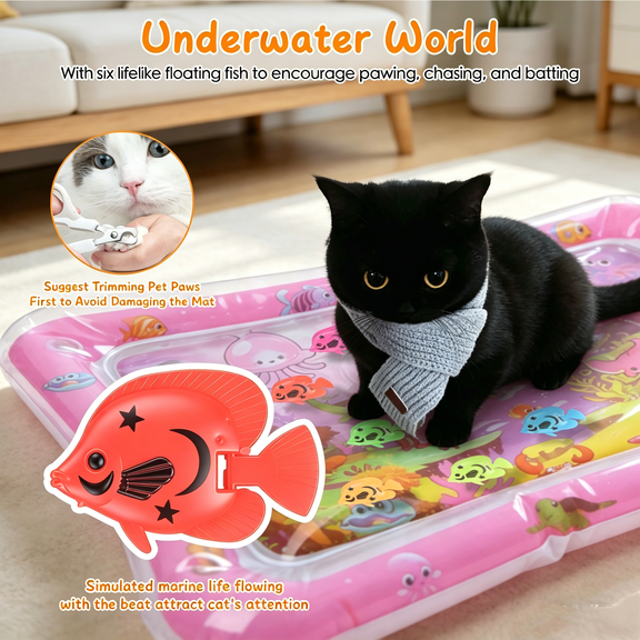 zorpupoa Interactive Cat Water Mat Floating Fish Toys LED Light Thickened PVC for Indoor Cats Kittens (Pink)