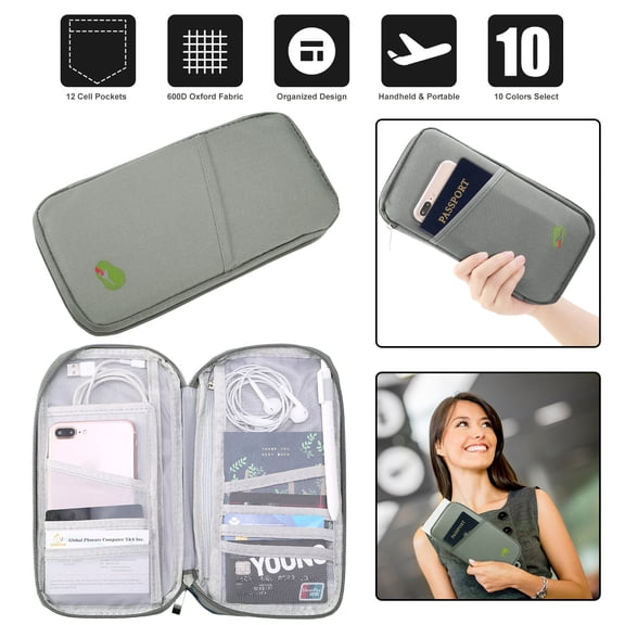 zorpupoa Water Repellent Travel Passport Wallet 12-Cell Credit Card Holder Slim Zipper Document Organizer for Travel Business Daily Use silver