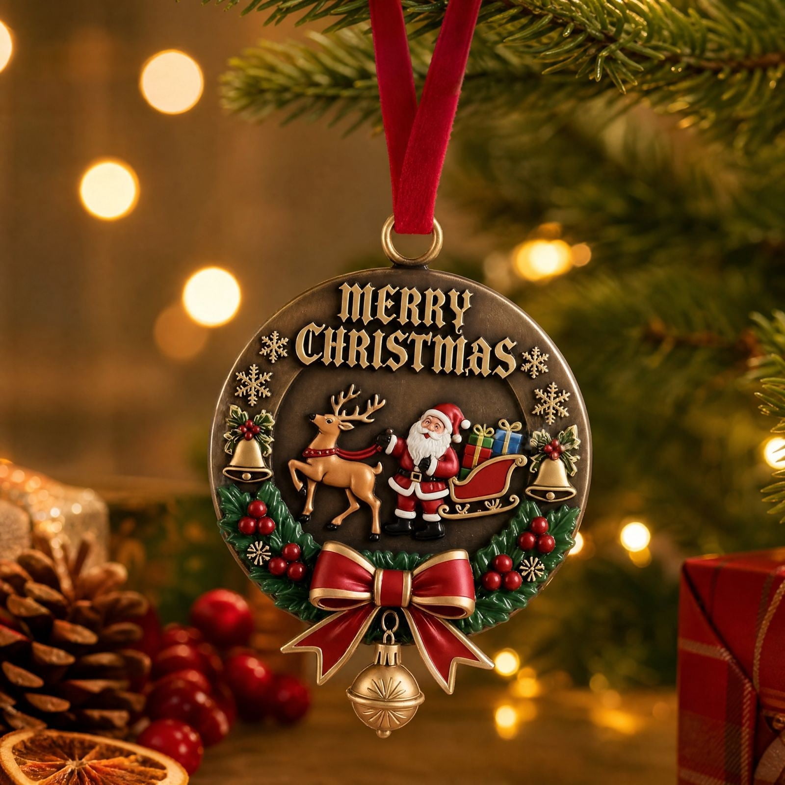 zpqytgj 2D Christmas Bell Ornament with Ribbon and Santa Design for ...