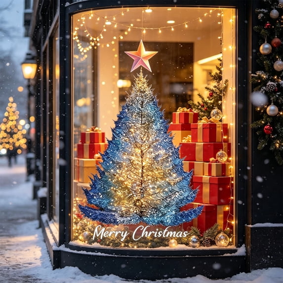 zpqytgj Blue and Gold Christmas Tree Window Cling Static Decal Reusable ...