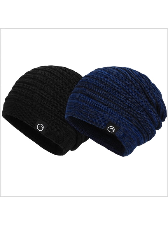 2 Pack Women's Oversized Fleece Lined Slouchy Beanie, Striped Knit Winter Hat with Ear Protection, Windproof Warm Hat for Large Head 21.65"-23.62"