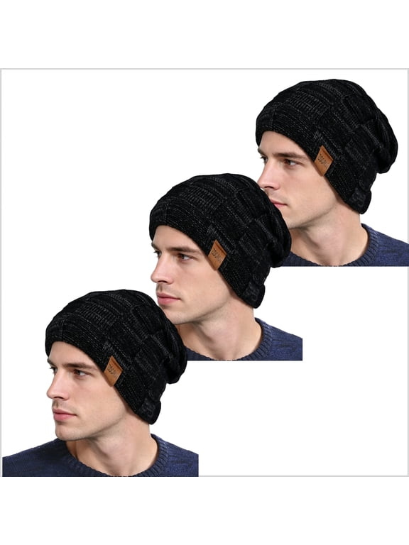3 Pack Men's Slouchy Knit Beanie, Fleece Lined Thick Warm Winter Hat, Stretchy Casual Skully Cap for Men & Women
