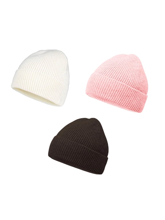 3 Pack Warm Knit Beanie for Men Women, Thick Winter Cuffed Fisherman Hat, Solid Plain Skull Cap
