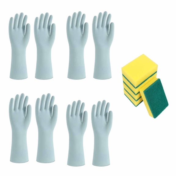 zrova 4 Pairs Latex Dishwashing Gloves & 5 Pack Dual Sided Kitchen Scrub Sponges, Long Cuff Waterproof Household Cleaning Gloves for Kitchen Bathroom