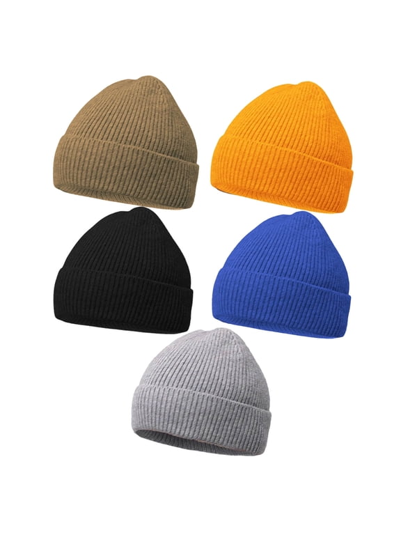5 Pack Warm Knit Beanie for Men Women, Thick Cuffed Fisherman Hat Plain Skull Cap