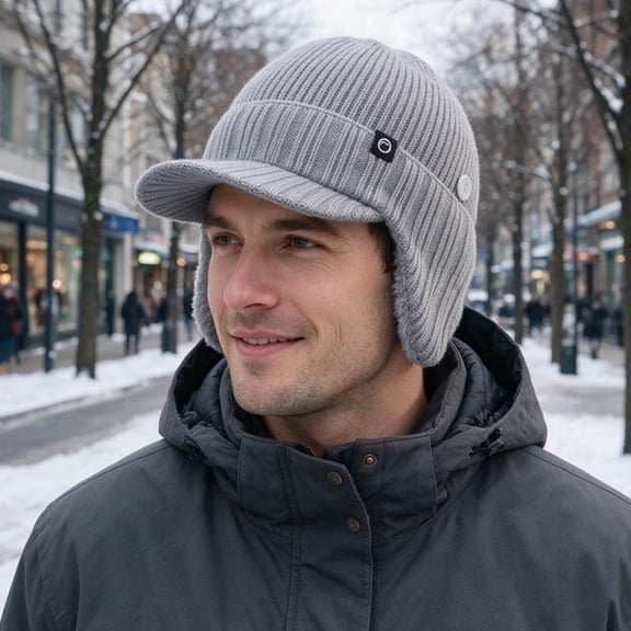 zrova Men's Winter Knitted Trapper Hat with Ear Flaps & Brim, Fleece Lined, Windproof, Warm Baseball Cap Style for Cold Weather