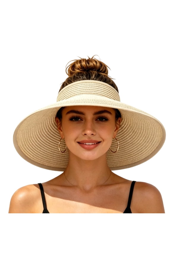 Women UPF UV Straw Sun Visor Hat, Foldable Wide Brim Ponytail Summer Beach Hat, Packable Travel Sun Hat
