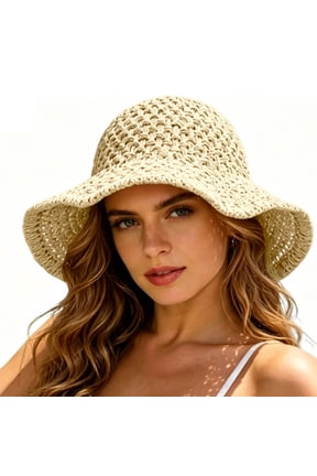 Women Wide Brim Floppy Straw Sun Hat, Packable UV Protection Summer Beach Bucket Hat