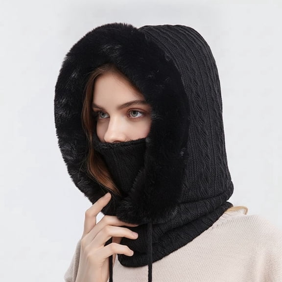 zrova Women's One-Piece Fleece Lined Balaclava, Drawstring Knitted Hood Hat Scarf Mask Combo, Windproof Warm Slouchy Beanie for Winter Outdoor Wear