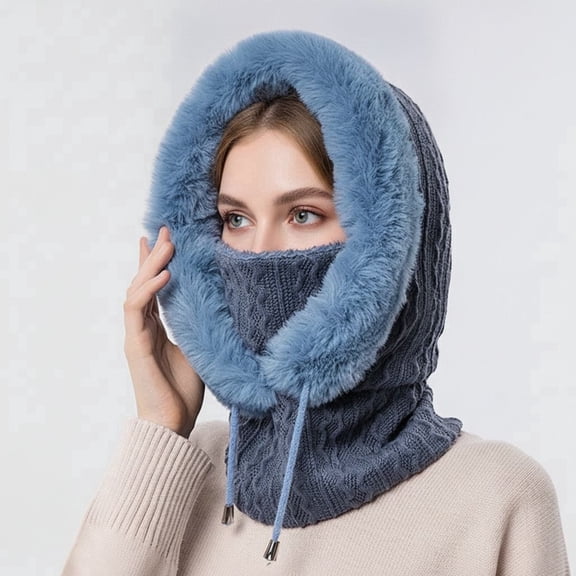 zrova Women's One-Piece Fleece Lined Balaclava, Drawstring Knitted Hood Hat Scarf Mask Combo, Windproof Warm Slouchy Beanie for Winter Outdoor Wear