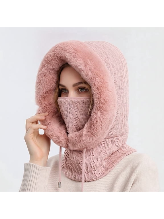 Women's One-Piece Fleece Lined Balaclava, Drawstring Knitted Hood Hat Scarf Mask Combo, Windproof Warm Slouchy Beanie for Winter Outdoor Wear