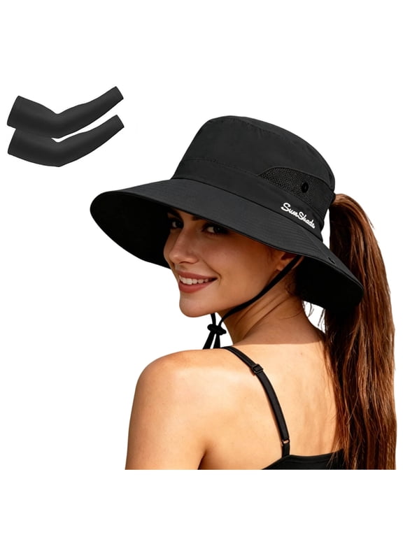 Women's Ponytail Sun Hat, Wide Brim UV Protection Foldable Bucket Hat, Outdoor Safari Beach Fishing Hat