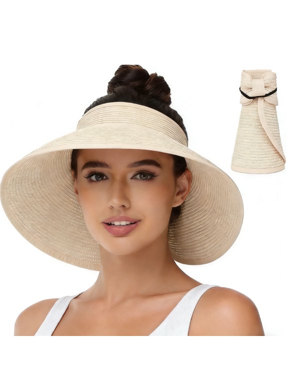 Women's UV UPF + Wide Brim Sun Hat - Foldable Straw Visor Beach Hat with Ponytail Hole, Packable Travel Summer Hat
