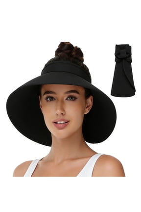 Women's UV UPF + Wide Brim Sun Hat - Foldable Straw Visor Beach Hat with Ponytail Hole, Packable Travel Summer Hat