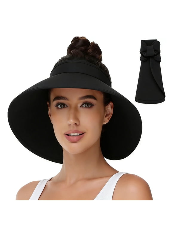 Women's UV UPF + Wide Brim Sun Hat - Foldable Straw Visor Beach Hat with Ponytail Hole, Packable Travel Summer Hat